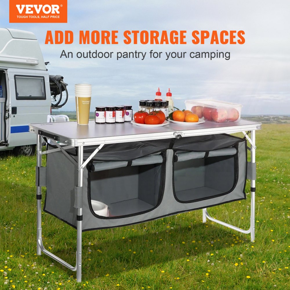 VEVOR Camping Kitchen Table, Quick set-up Folding Camping Table with A Carrying Bag, 3 Adjustable Heights, MDF Camping Table, Ideal for Outdoor Picnics, BBQs, Camping, RV Traveling