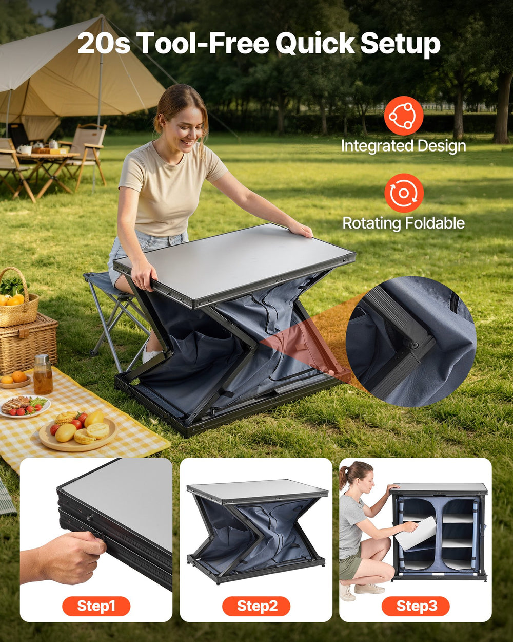 VEVOR Folding Camping Storage Cabinet, Outdoor Portable Aluminum Lightweight Table, Quick Set-up Compact Kitchen Cook Station, with 6 Shelves and Carry Bag, for Picnic, BBQ, Camping, RV Traveling