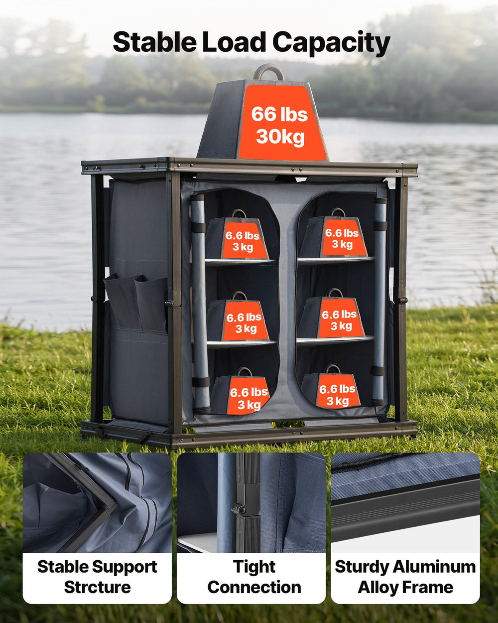 VEVOR Folding Camping Storage Cabinet, Outdoor Portable Aluminum Lightweight Table, Quick Set-up Compact Kitchen Cook Station, with 6 Shelves and Carry Bag, for Picnic, BBQ, Camping, RV Traveling