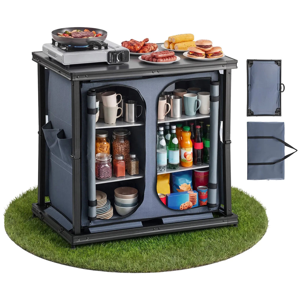 VEVOR Folding Camping Storage Cabinet, Outdoor Portable Aluminum Lightweight Table, Quick Set-up Compact Kitchen Cook Station, with 6 Shelves and Carry Bag, for Picnic, BBQ, Camping, RV Traveling