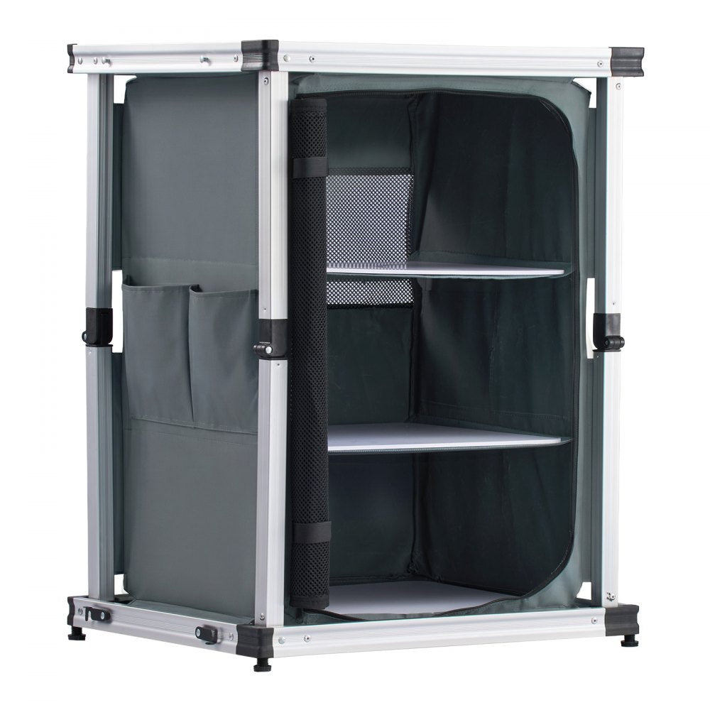 VEVOR Folding Camping Storage Cabinet, Outdoor Portable Aluminum Lightweight Table, Quick Set-up Compact Kitchen Cook Station, with 3 Shelves and Carry Bag, for Picnic, BBQ, Camping, RV Traveling