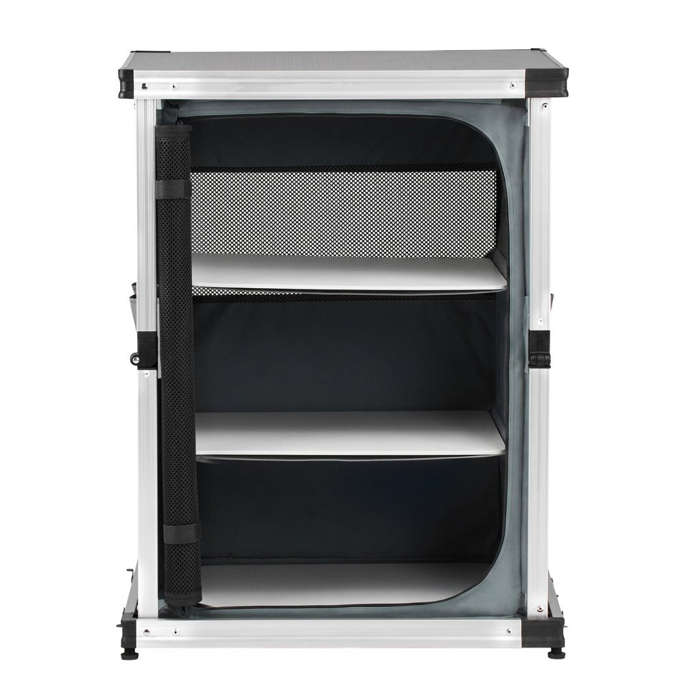 VEVOR Folding Camping Storage Cabinet, Outdoor Portable Aluminum Lightweight Table, Quick Set-up Compact Kitchen Cook Station, with 3 Shelves and Carry Bag, for Picnic, BBQ, Camping, RV Traveling
