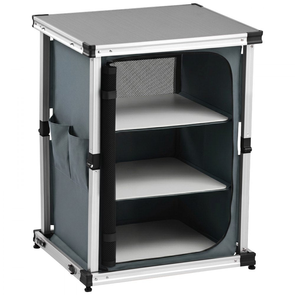 VEVOR Folding Camping Storage Cabinet, Outdoor Portable Aluminum Lightweight Table, Quick Set-up Compact Kitchen Cook Station, with 3 Shelves and Carry Bag, for Picnic, BBQ, Camping, RV Traveling