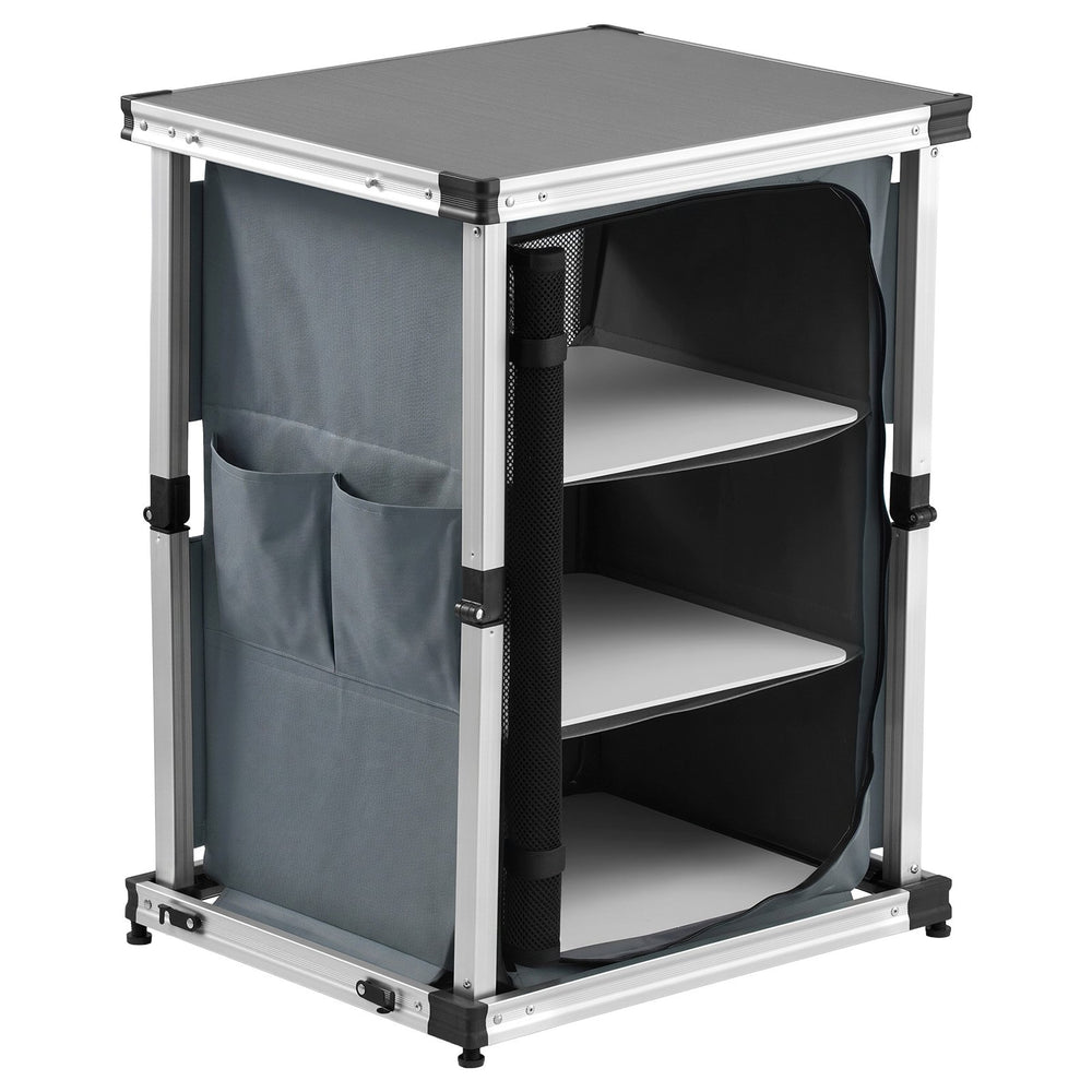 VEVOR Folding Camping Storage Cabinet, Outdoor Portable Aluminum Lightweight Table, Quick Set-up Compact Kitchen Cook Station, with 3 Shelves and Carry Bag, for Picnic, BBQ, Camping, RV Traveling