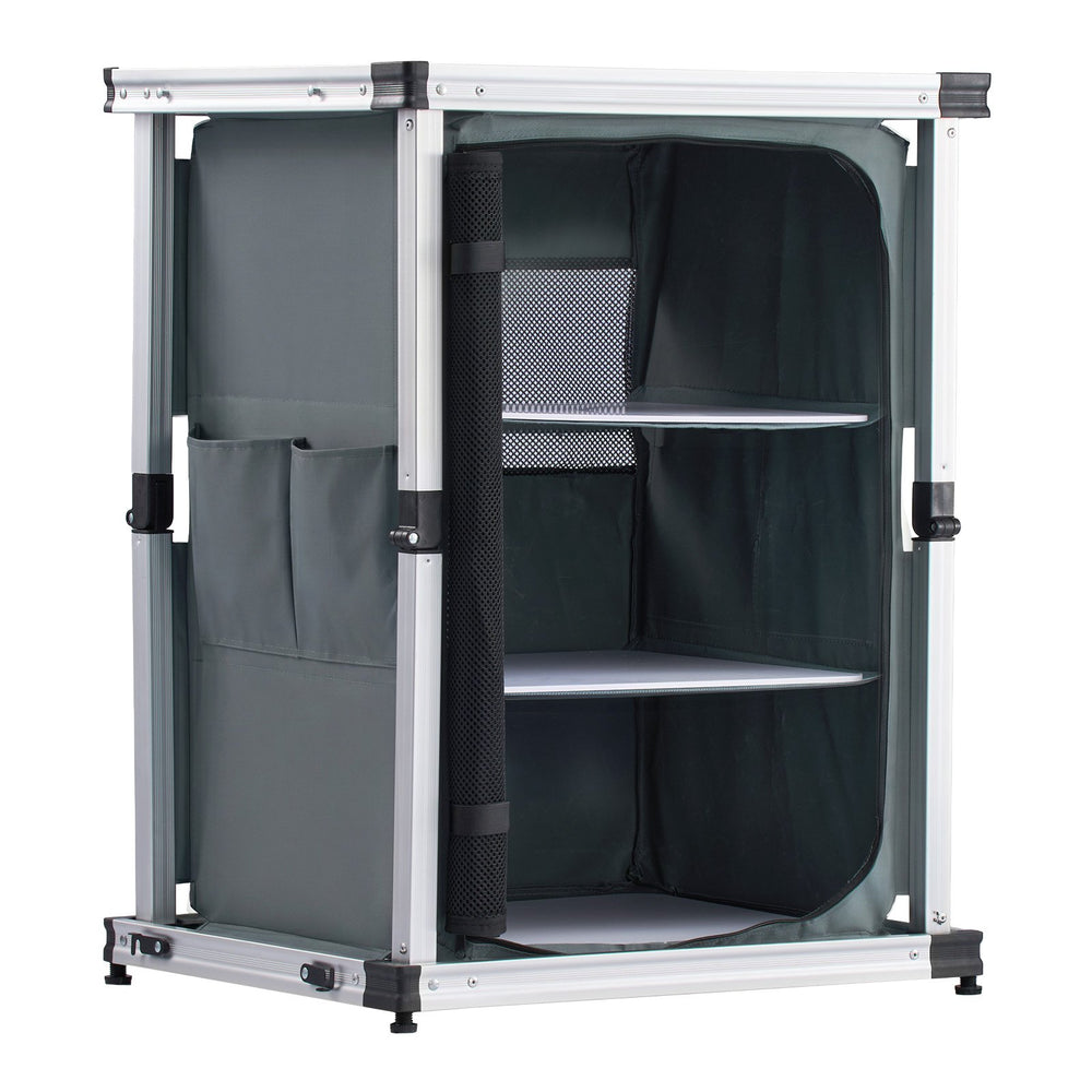 VEVOR Folding Camping Storage Cabinet, Outdoor Portable Aluminum Lightweight Table, Quick Set-up Compact Kitchen Cook Station, with 3 Shelves and Carry Bag, for Picnic, BBQ, Camping, RV Traveling