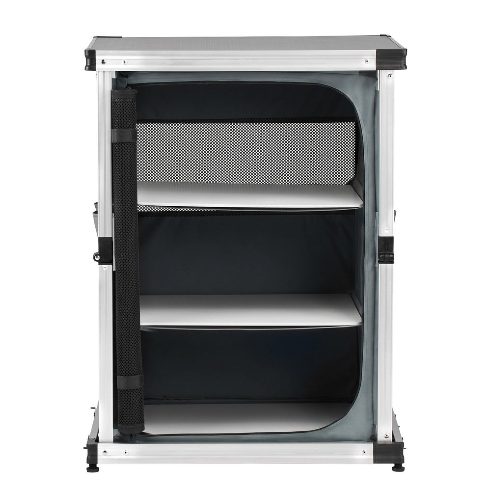VEVOR Folding Camping Storage Cabinet, Outdoor Portable Aluminum Lightweight Table, Quick Set-up Compact Kitchen Cook Station, with 3 Shelves and Carry Bag, for Picnic, BBQ, Camping, RV Traveling