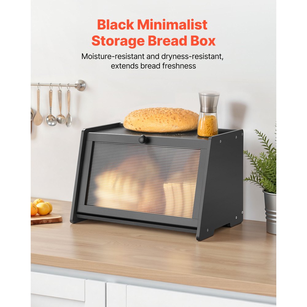 VEVOR Bread Box for Kitchen Counter, Large Capacity Bamboo Bread Storage Container, Farmhouse Wooden Breadbox Organizer for Homemade Bread, Storage Holder Bin with Acrylic Wavy Door Panel, Black
