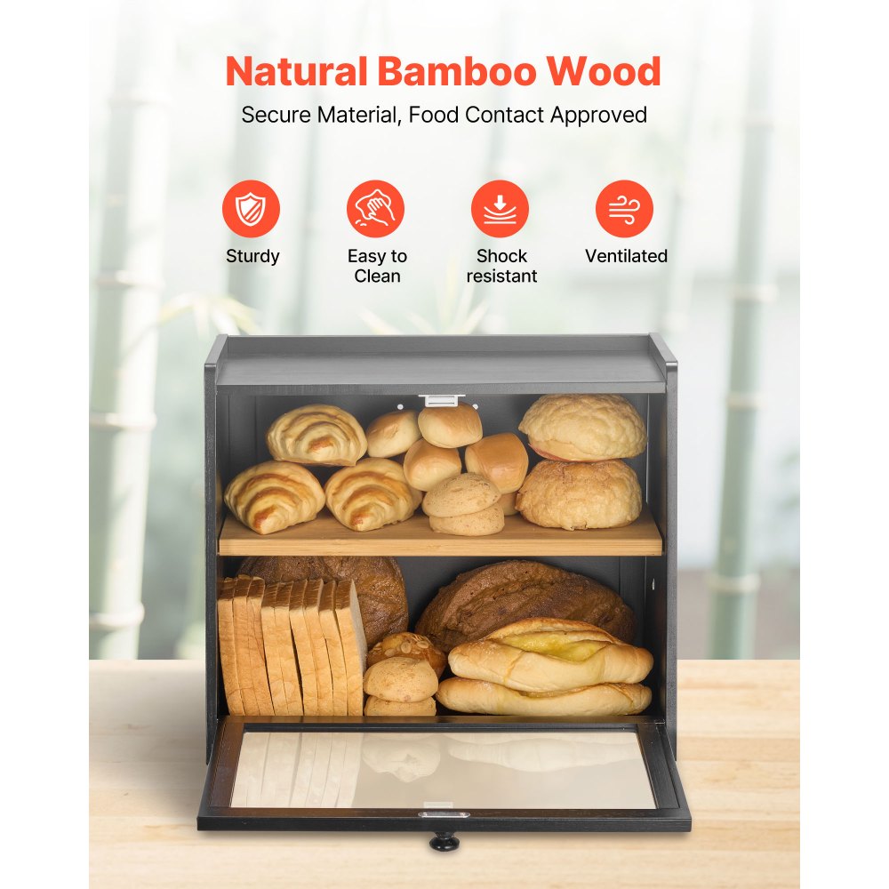 VEVOR Double Layer Bread Box for Kitchen Counter, Large Capacity Bamboo Bread Storage Container, Farmhouse Wooden Breadbox for Homemade Bread, Storage Holder Bin with Acrylic Wavy Door Panel, Black