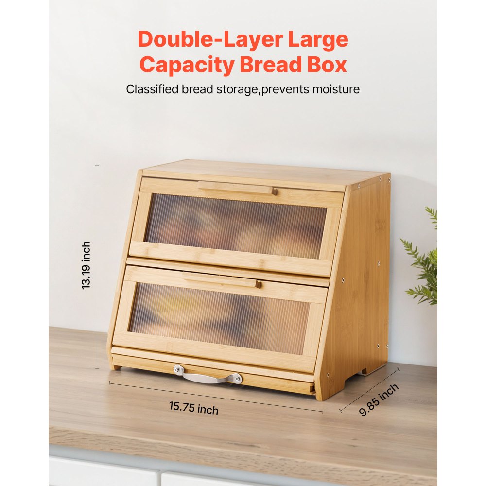 VEVOR Double Layer Bread Box for Kitchen Counter, Large Capacity Bamboo Bread Storage Container, Farmhouse Wooden Breadbox for Homemade Bread, Storage Holder Bin with Acrylic Wavy Door Panel, Natural