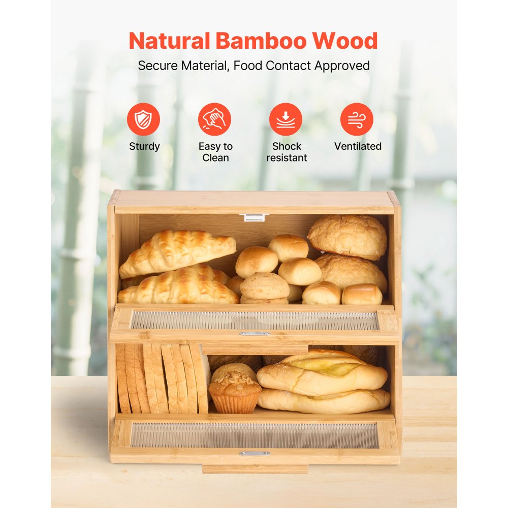 VEVOR Double Layer Bread Box for Kitchen Counter, Large Capacity Bamboo Bread Storage Container, Farmhouse Wooden Breadbox for Homemade Bread, Storage Holder Bin with Acrylic Wavy Door Panel, Natural