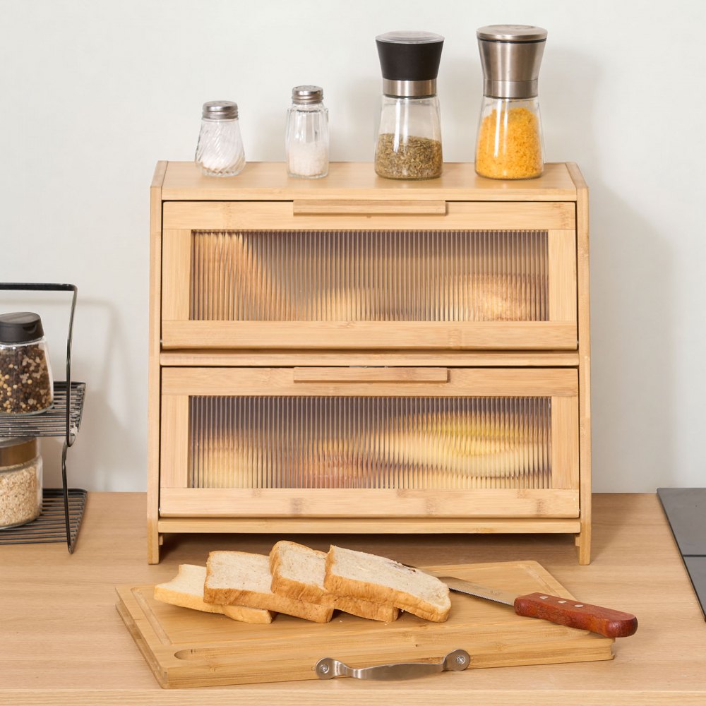 VEVOR Double Layer Bread Box for Kitchen Counter, Large Capacity Bamboo Bread Storage Container, Farmhouse Wooden Breadbox for Homemade Bread, Storage Holder Bin with Acrylic Wavy Door Panel, Natural