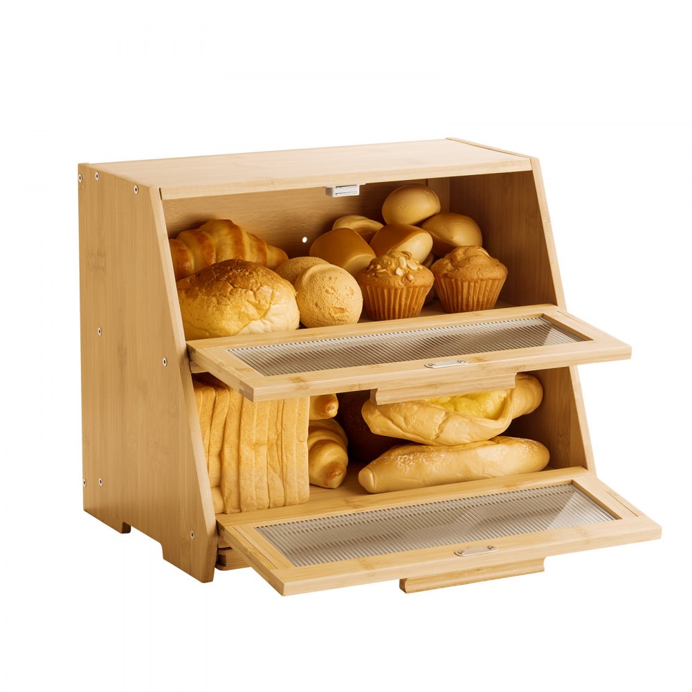 VEVOR Double Layer Bread Box for Kitchen Counter, Large Capacity Bamboo Bread Storage Container, Farmhouse Wooden Breadbox for Homemade Bread, Storage Holder Bin with Acrylic Wavy Door Panel, Natural