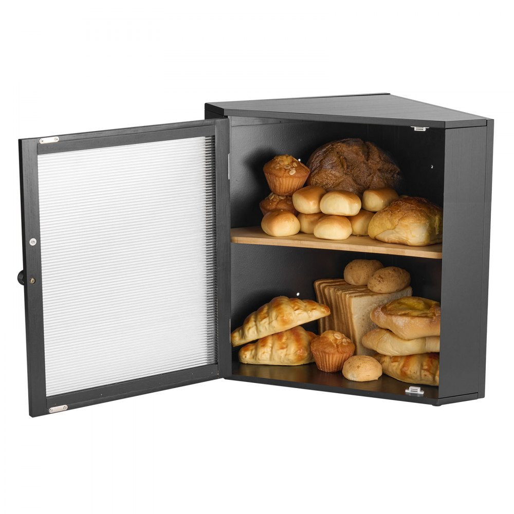 VEVOR Corner Bread Box for Kitchen Counter, Double Layer Large Capacity Bamboo Bread Storage Container, Farmhouse Wooden Breadbox for Homemade Bread, Storage Holder Bin with Acrylic Wavy Door, Black