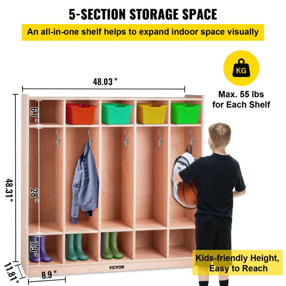VEVOR Coat Locker, 5-Section Daycare Cubby Coat Rack 48x12x48 inch, Classroom Coat Locker and Backpack Hanger, with 5 Hooks and Storage Boxes, for Kindergarten & School, Natural