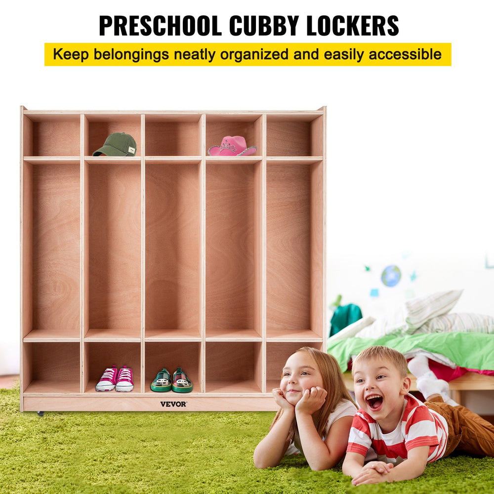 VEVOR Coat Locker, 5-Section Daycare Cubby Coat Rack 48x12x48 inch, Classroom Coat Locker and Backpack Hanger, with 5 Hooks and Storage Boxes, for Kindergarten & School, Natural