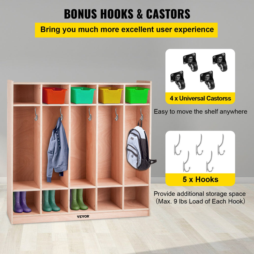 VEVOR Coat Locker, 5-Section Daycare Cubby Coat Rack 48x12x48 inch, Classroom Coat Locker and Backpack Hanger, with 5 Hooks and Storage Boxes, for Kindergarten & School, Natural