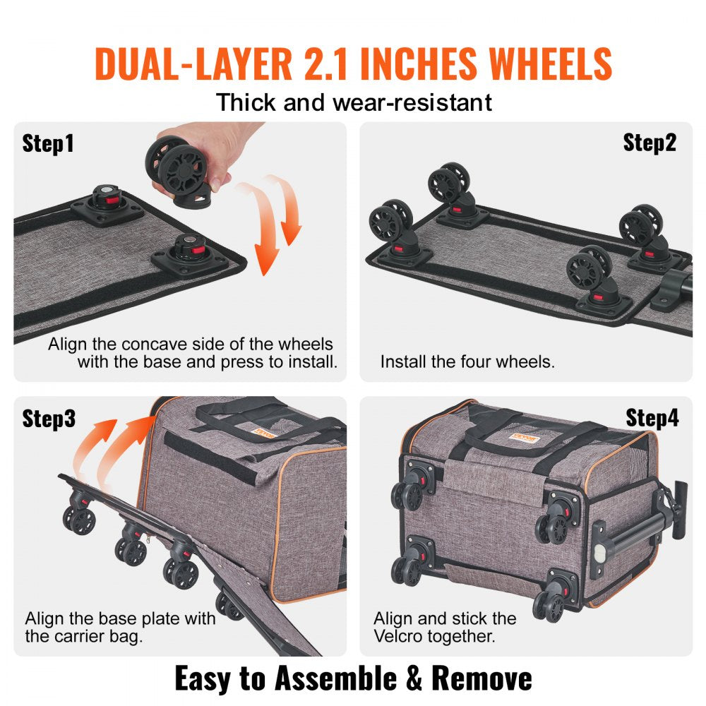 VEVOR Cat Carrier with Wheels, Airline Approved Rolling Pet Carrier with Telescopic Handle and Shoulder Strap, Dog Carrier with Wheels for Pets under 22 lbs, with 1 Folding Bowl, Grey