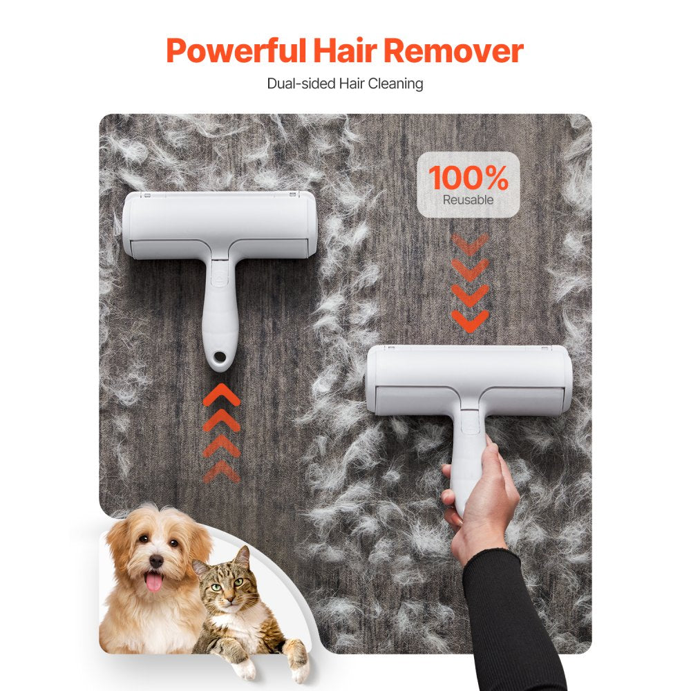 VEVOR Pet Hair Remover Roller, Reusable Dual-sided Lint Roller Tool, Dog and Cat Efficient Hair Cleaning Remover, for Home, Furniture, Car, Couch, Carpet, Seat, Bedding, Floor, Sofa, White