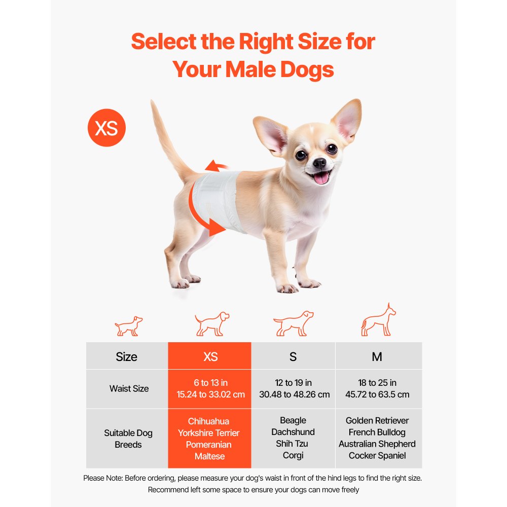 VEVOR Disposable Male Dog Diapers, Super Absorbent Male Dog Wraps, 360 ° Leak-Proof Belly Bands with Wetness Indicator for Doggies in Heat, Training, Incontinence - XS, 144 Count (2 Packs of 72)