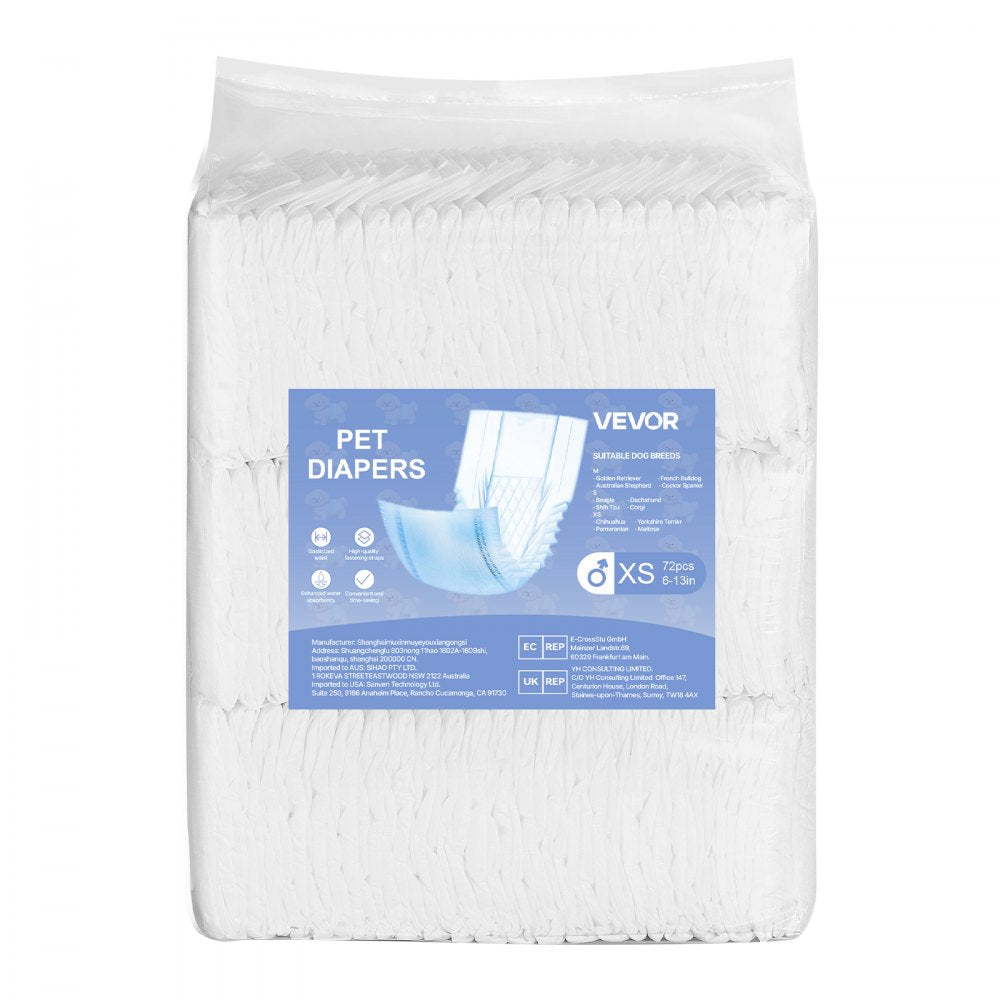 VEVOR Disposable Male Dog Diapers, Super Absorbent Male Dog Wraps, 360 ° Leak-Proof Belly Bands with Wetness Indicator for Doggies in Heat, Training, Incontinence - XS, 144 Count (2 Packs of 72)