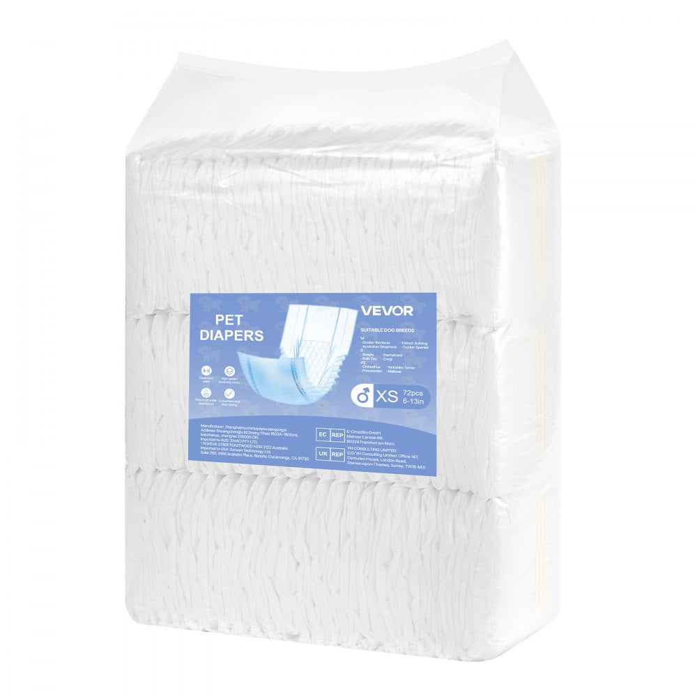 VEVOR Disposable Male Dog Diapers, Super Absorbent Male Dog Wraps, 360 ° Leak-Proof Belly Bands with Wetness Indicator for Doggies in Heat, Training, Incontinence - XS, 144 Count (2 Packs of 72)