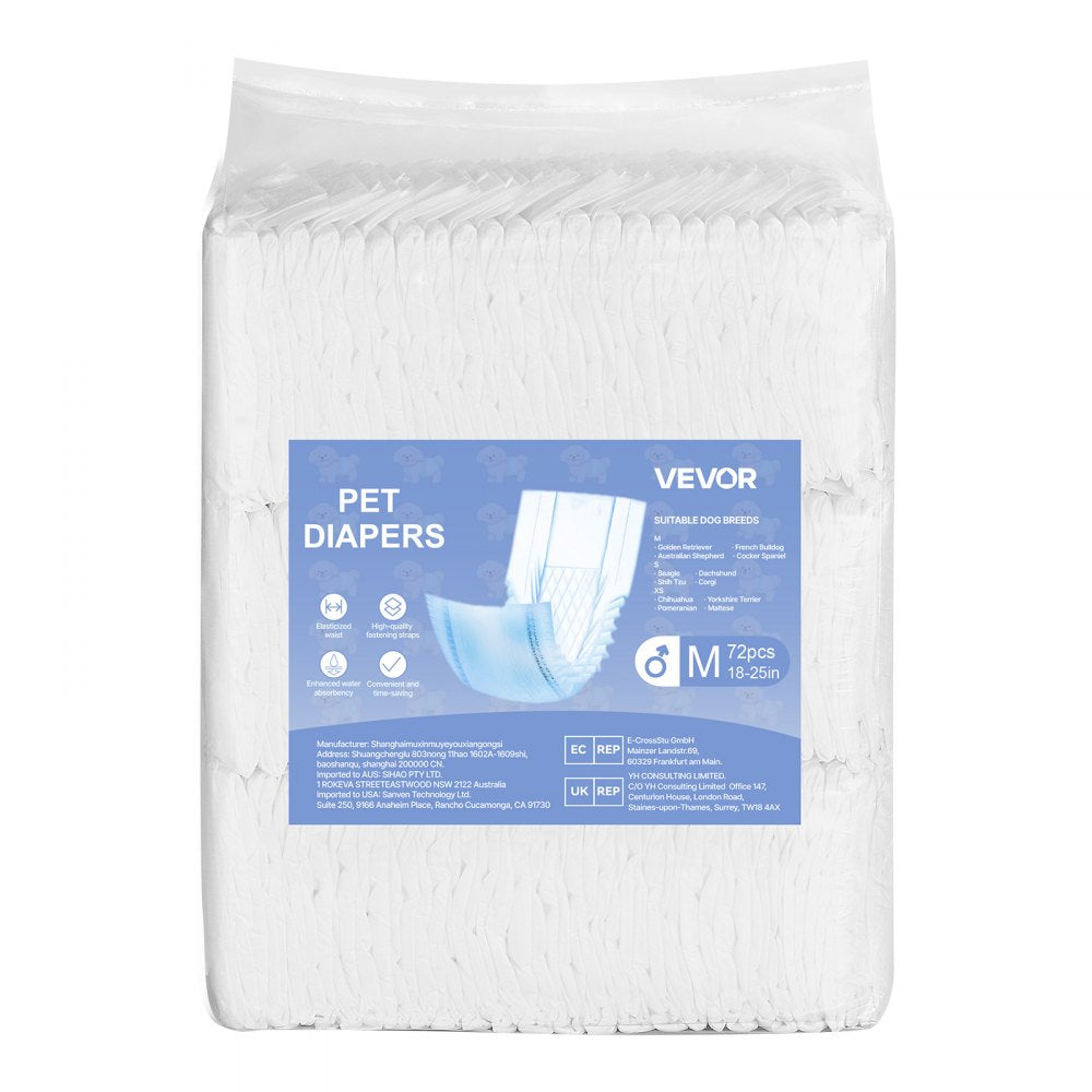 VEVOR Disposable Male Dog Diapers, Super Absorbent Male Dog Wraps, 360 ° Leak-Proof Belly Bands with Wetness Indicator for Doggies in Heat, Training, Incontinence - M, 144 Count (2 Packs of 72)