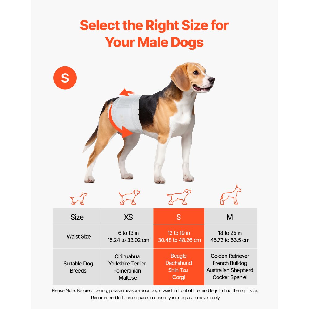 VEVOR Disposable Male Dog Diapers, Super Absorbent Male Dog Wraps, 360 ° Leak-Proof Belly Bands with Wetness Indicator for Doggies in Heat, Training, Incontinence - S, 96 Count (2 Packs of 48)
