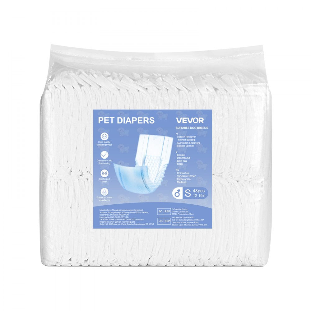 VEVOR Disposable Male Dog Diapers, Super Absorbent Male Dog Wraps, 360 ° Leak-Proof Belly Bands with Wetness Indicator for Doggies in Heat, Training, Incontinence - S, 96 Count (2 Packs of 48)