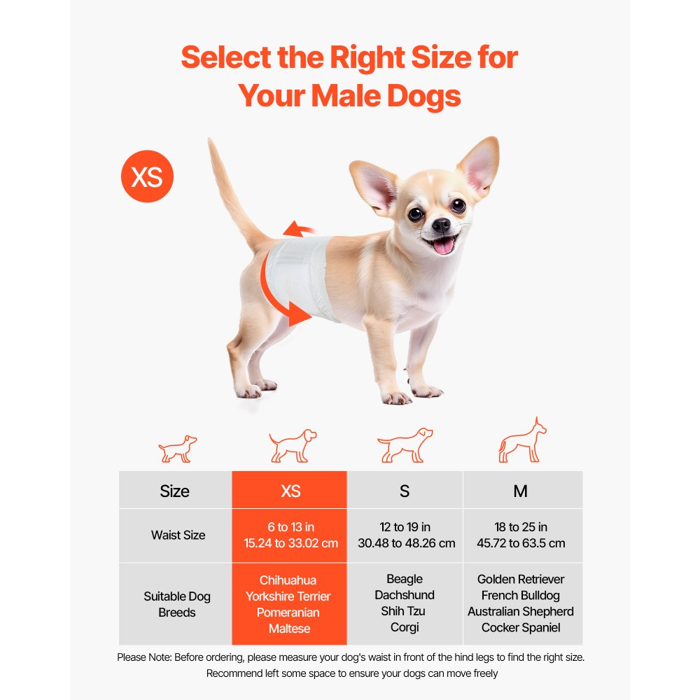 VEVOR Disposable Male Dog Diapers, Super Absorbent Male Dog Wraps, 360 ° Leak-Proof Belly Bands with Wetness Indicator for Doggies in Heat, Training, Incontinence - XS, 96 Count (2 Packs of 48)