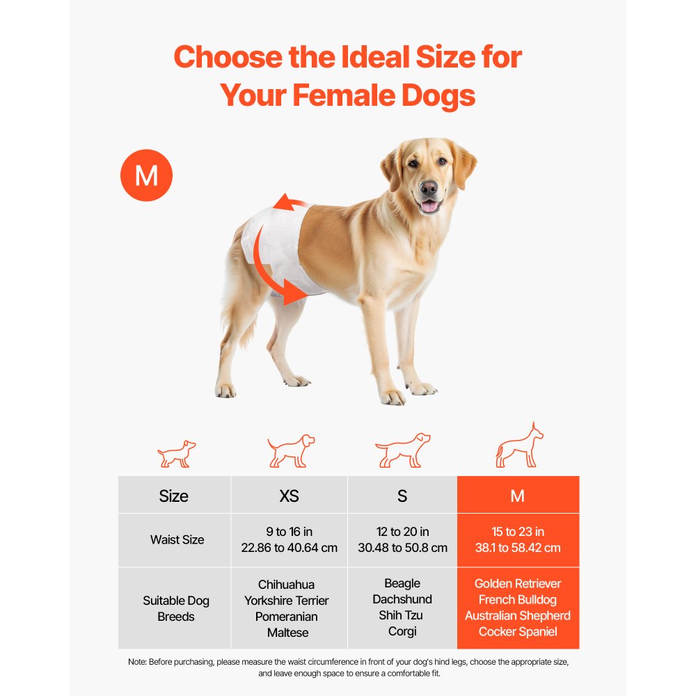 VEVOR Disposable Dog Diapers, Super Absorbent Female Dog Diapers, 360° Leak-Proof Female Doggy Pet Diaper with Wetness Indicator for Heat Period, Training, Incontinence - M, 144 Count (2 Packs of 72)