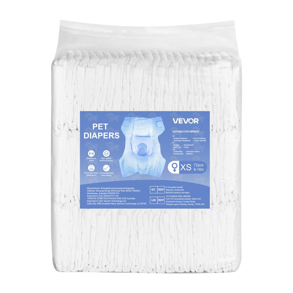 VEVOR Disposable Dog Diapers, Super Absorbent Female Dog Diapers, 360° Leak-Proof Female Doggy Pet Diaper with Wetness Indicator for Heat Period, Training, Incontinence - XS, 144 Count (2 Packs of 72)