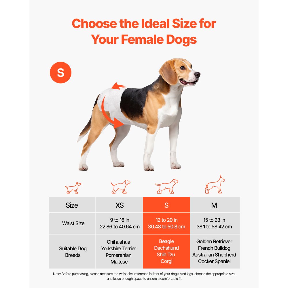 VEVOR Disposable Dog Diapers, Super Absorbent Female Dog Diapers, 360° Leak-Proof Female Doggy Pet Diaper with Wetness Indicator for Heat Period, Training, Incontinence - S, 96 Count (2 Packs of 48)