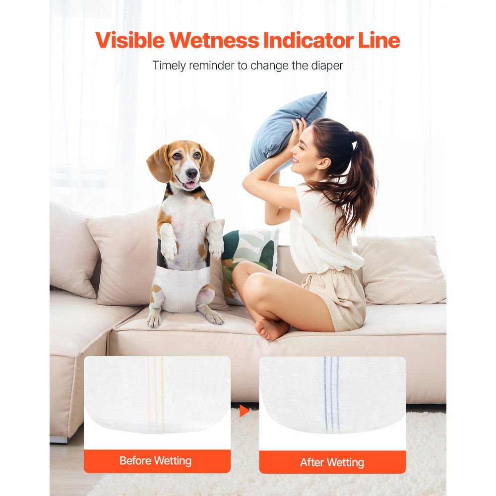 VEVOR Disposable Dog Diapers, Super Absorbent Female Dog Diapers, 360° Leak-Proof Female Doggy Pet Diaper with Wetness Indicator for Heat Period, Training, Incontinence - S, 96 Count (2 Packs of 48)