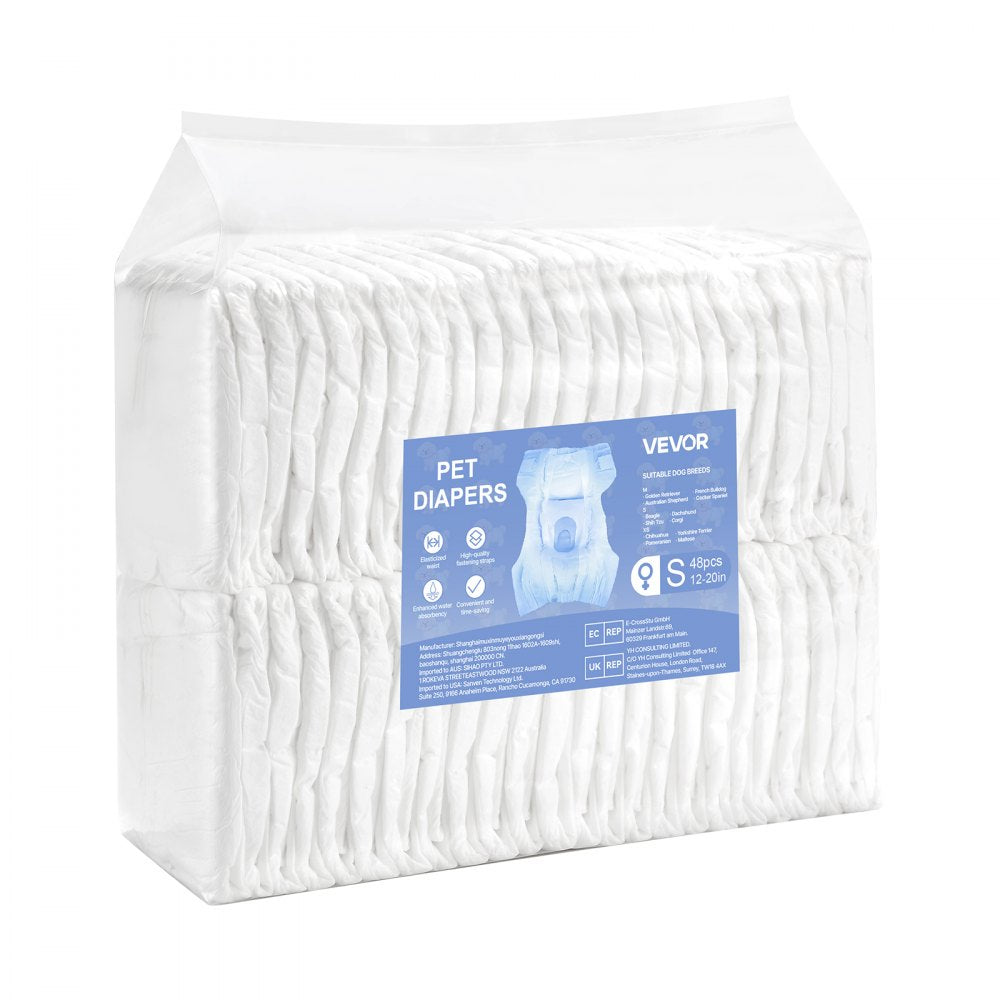 VEVOR Disposable Dog Diapers, Super Absorbent Female Dog Diapers, 360° Leak-Proof Female Doggy Pet Diaper with Wetness Indicator for Heat Period, Training, Incontinence - S, 96 Count (2 Packs of 48)