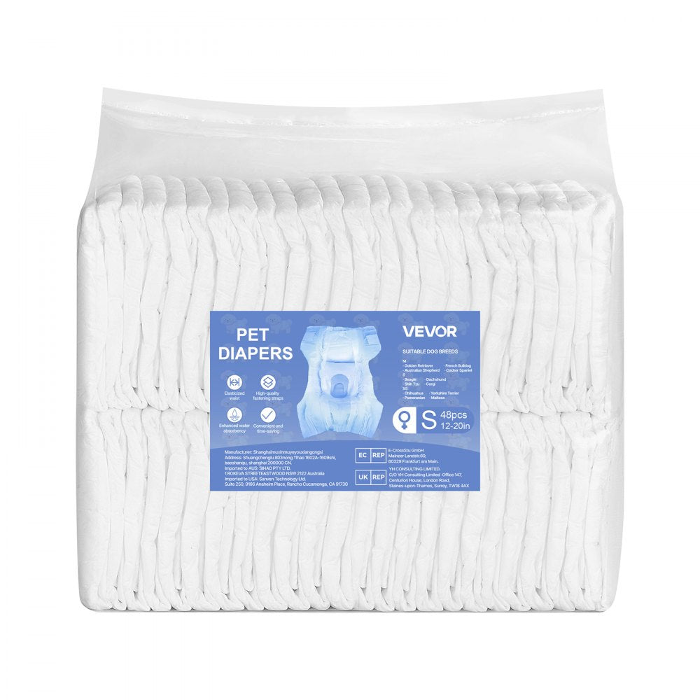 VEVOR Disposable Dog Diapers, Super Absorbent Female Dog Diapers, 360° Leak-Proof Female Doggy Pet Diaper with Wetness Indicator for Heat Period, Training, Incontinence - S, 96 Count (2 Packs of 48)