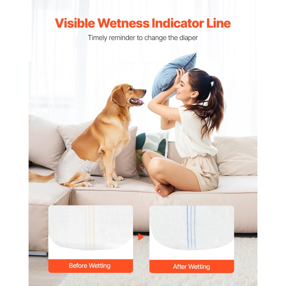 VEVOR Disposable Dog Diapers, Super Absorbent Female Dog Diapers, 360° Leak-Proof Female Doggy Pet Diaper with Wetness Indicator for Heat Period, Training, Incontinence - M, 96 Count (2 Packs of 48)