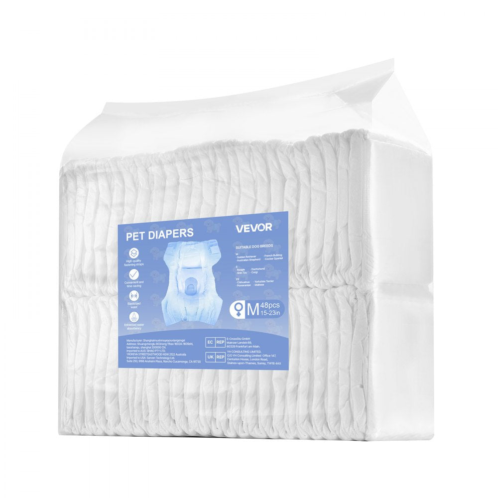 VEVOR Disposable Dog Diapers, Super Absorbent Female Dog Diapers, 360° Leak-Proof Female Doggy Pet Diaper with Wetness Indicator for Heat Period, Training, Incontinence - M, 96 Count (2 Packs of 48)