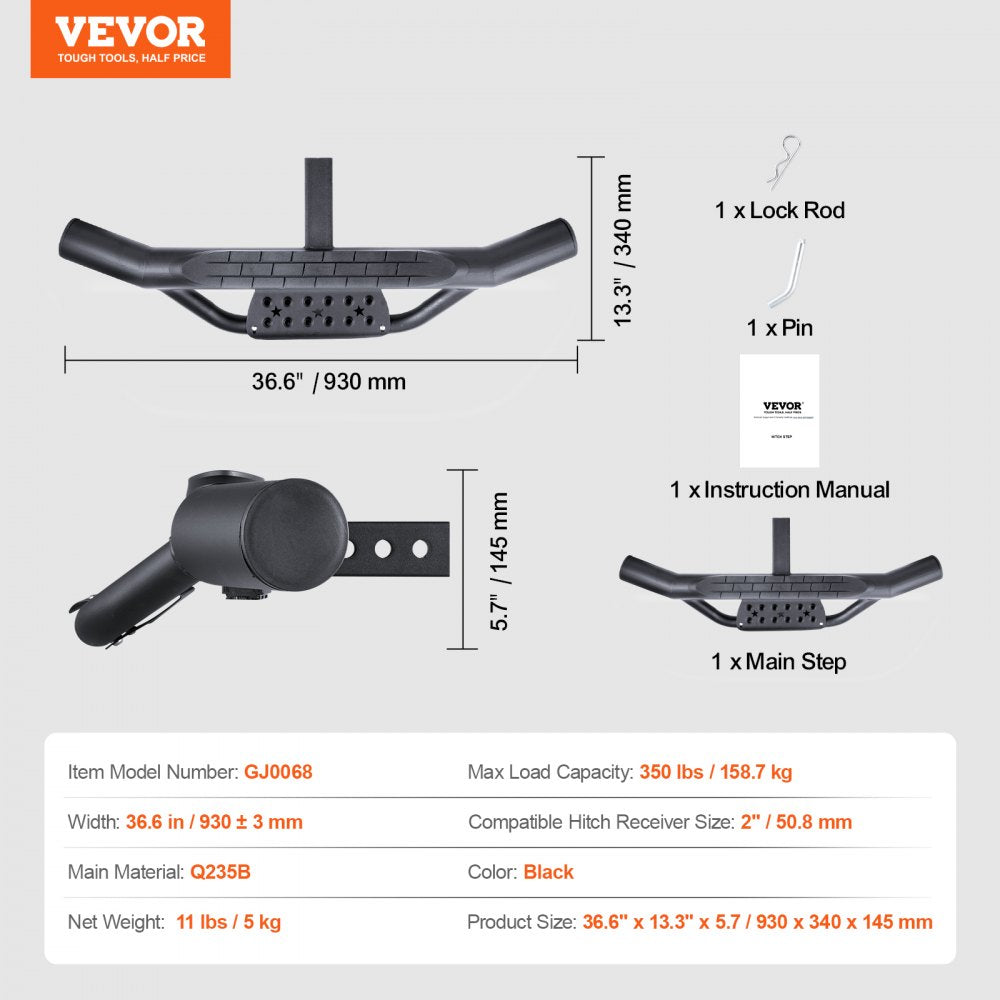 VEVOR Hitch Step for 2 Inch Receiver, Strong Steel Construction with 350 LBS Load Capacity, Rear Bumper Guard Protector with Pin Lock, Universal Fit for Truck, SUV, Pickup, Trailer