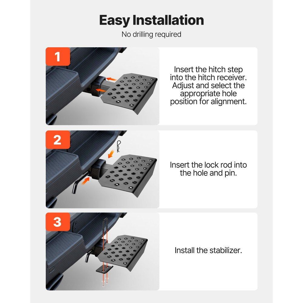 VEVOR Hitch Step for 2 Inch Receiver, Universal Rear Bumper Guard Protector with 350 LBS Load Capacity, Wide & Non-Slip Tow Hitch Step with Pin Kit and Stabilizer, Fit for Truck, SUV, Pickup, Trailer