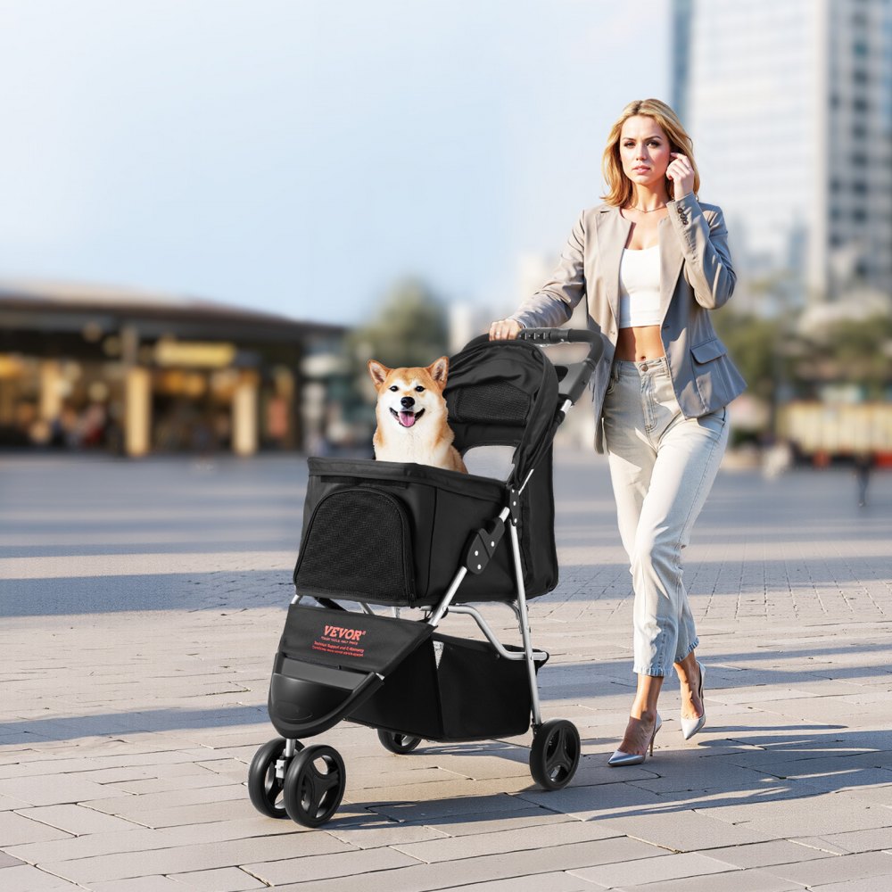 VEVOR Pet Stroller, 35 lbs Weight Capacity, Foldable Dog Stroller Cart, 3 Wheels Cats Stroller with Mesh Windows and Cup Holders, Portable Pet Carrier Stroller with Brake, for Small to Medium Pets