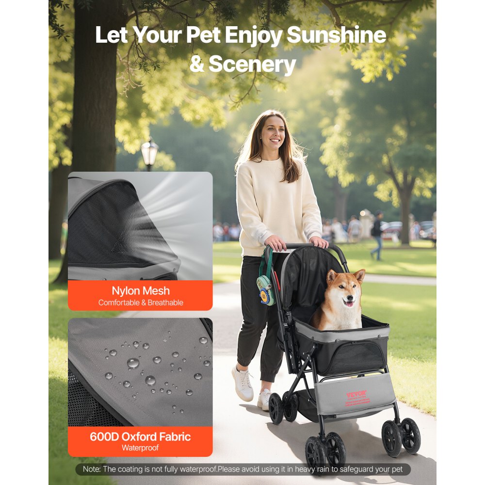 VEVOR Pet Stroller, 44 lbs Weight Capacity, Foldable Dog Stroller Cart, 4 Wheels Cats Stroller with Mesh Windows & Revrsible Handle, Portable Pet Carrier Stroller with Brake, for Small to Medium Pets
