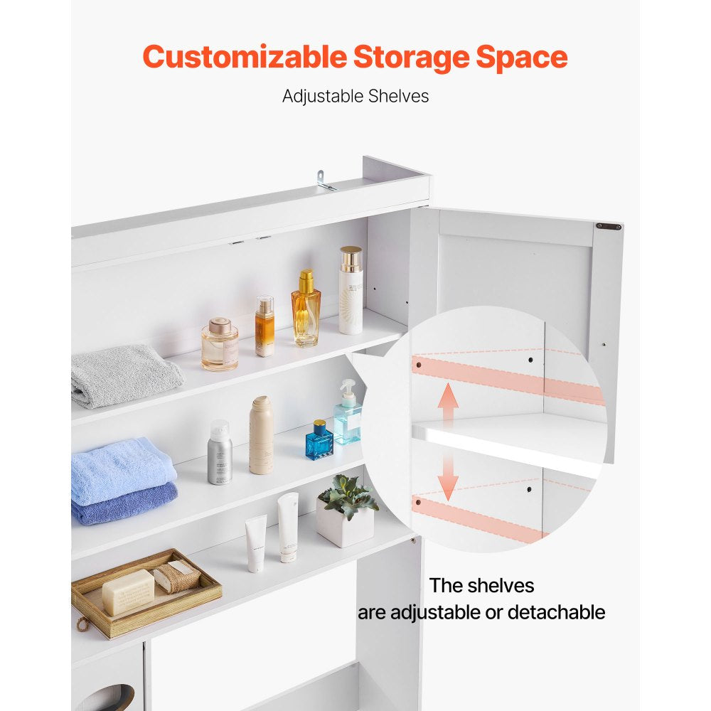 VEVOR Over The Toilet Storage Cabinet, 67.44 in Height Bathroom Storage Organizer with Double Door and Adjustable Shelf, Bathroom Space Saver Organizer Above Toilet with Open Shelf, White