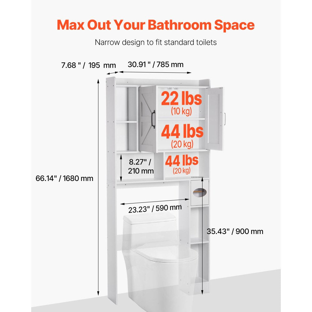 VEVOR Over The Toilet Storage Cabinet, 66.14 in Height Bathroom Storage Organizer with Double Door and Adjustable Shelf, Bathroom Space Saver Organizer Above Toilet with Open Shelf, White