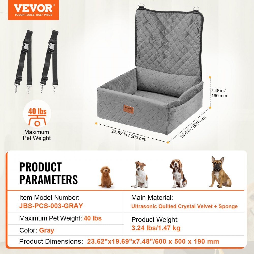 VEVOR Dog Car Seat, Dog Booster Seat for Car with A Storage Pocket, Clip-On Safety Leash, Sponge and PP Cotton Filling, Dog Car Bed for Small & Medium Dog up to 40lbs, Gray
