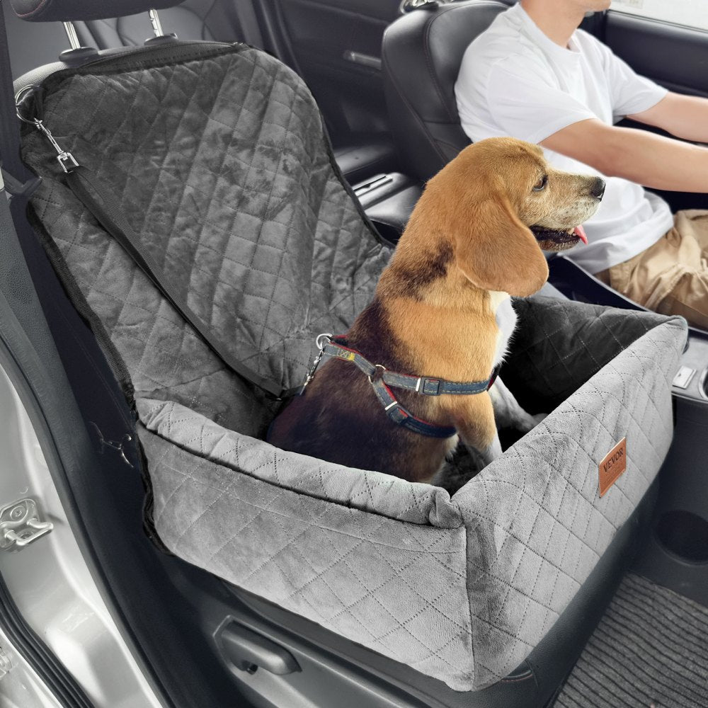 VEVOR Dog Car Seat, Dog Booster Seat for Car with A Storage Pocket, Clip-On Safety Leash, Sponge and PP Cotton Filling, Dog Car Bed for Small & Medium Dog up to 40lbs, Gray