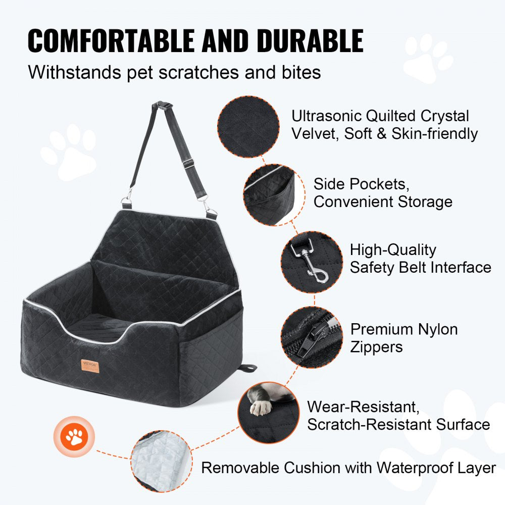 VEVOR Dog Car Seat, Dog Booster Seat for Car with A Storage Pocket, Pet Car Seat with Clip-On Safety Leash, Sponge Filling, Dog Car Bed for Medium & Large Dog up to 55 lbs, Black