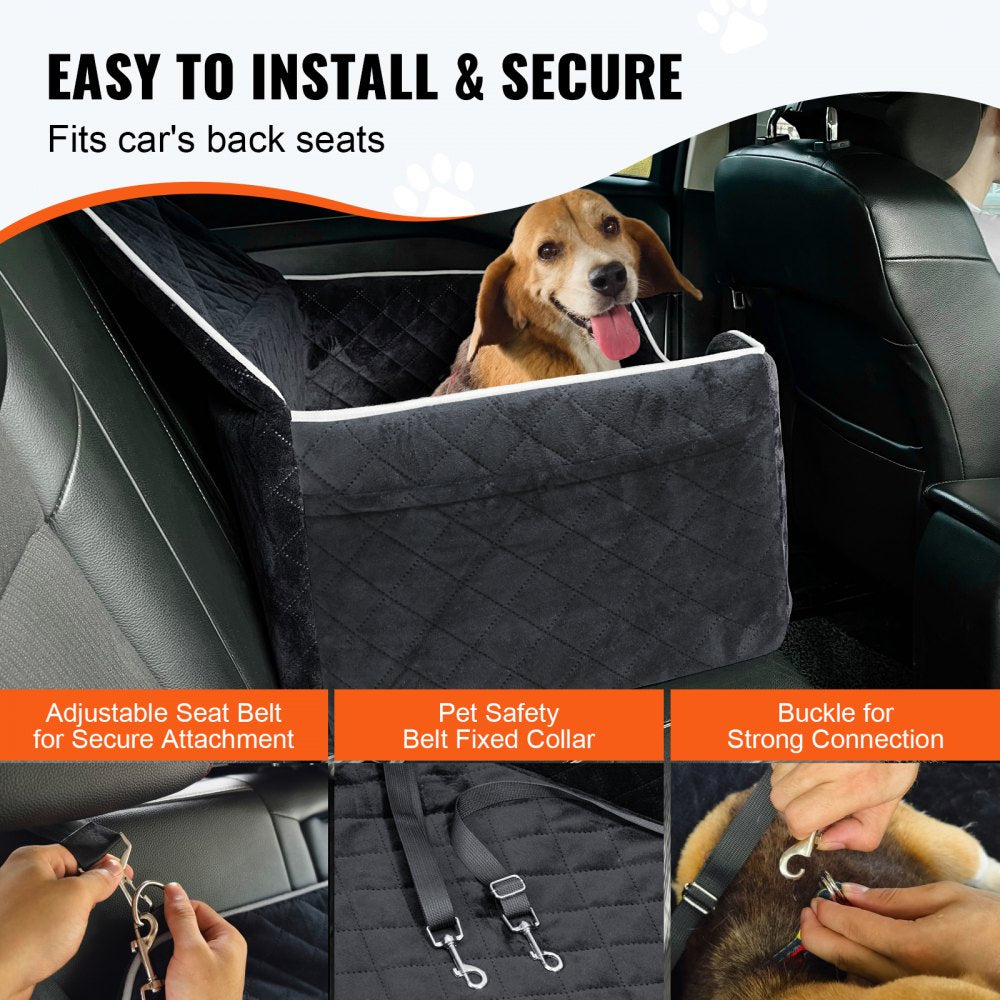 VEVOR Dog Car Seat, Dog Booster Seat for Car with A Storage Pocket, Pet Car Seat with Clip-On Safety Leash, Sponge Filling, Dog Car Bed for Medium & Large Dog up to 55 lbs, Black