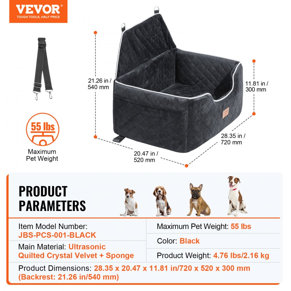 VEVOR Dog Car Seat, Dog Booster Seat for Car with A Storage Pocket, Pet Car Seat with Clip-On Safety Leash, Sponge Filling, Dog Car Bed for Medium & Large Dog up to 55 lbs, Black