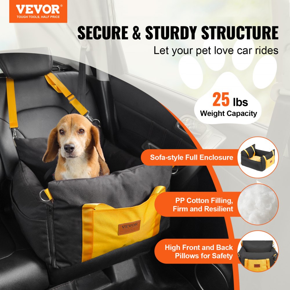 VEVOR Dog Car Seat, Waterproof Dog Booster Seat for Car with Side Handles and A Storage Pocket, Clip-On Safety Leash and PP Cotton Filling, Dog Car Bed for Small Dog up to 25lbs, Black