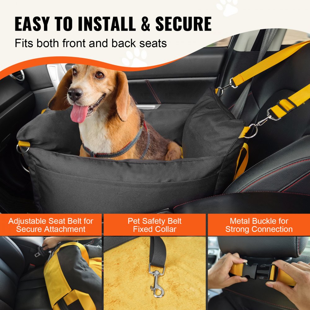 VEVOR Dog Car Seat, Waterproof Dog Booster Seat for Car with Side Handles and A Storage Pocket, Clip-On Safety Leash and PP Cotton Filling, Dog Car Bed for Small Dog up to 25lbs, Black